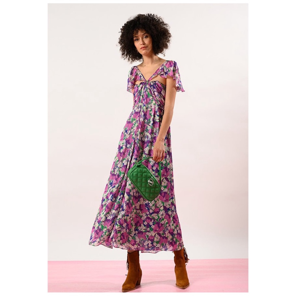 PINKO Women’s Size US 2 Purple Floral Trilli Crepe A-Line Flutter Midi Dress